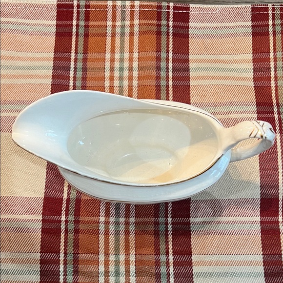 Edwin M. Knowles Gravy Boat White with Green & Gold Trim - Picture 6 of 16